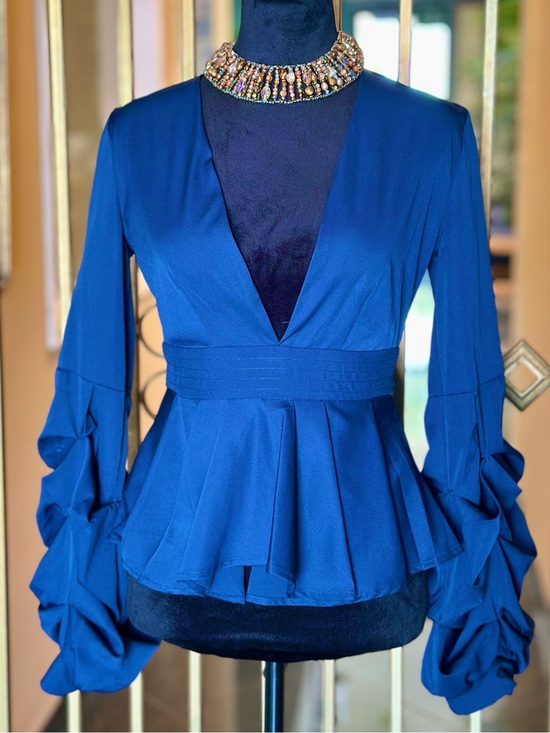 Tops - Blue V-Neck Peplum Blouse with Statement Sleeves s:small